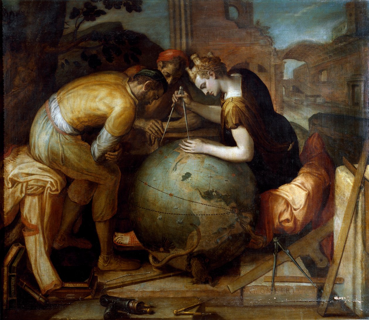Geometri. Bir kürenin üzerinde bir comppa tutan Geometrinin alegorisi ve kişileştirilmesi. Farklı geometrik araçlar ön planda düzenlenmiştir. Frans Floris