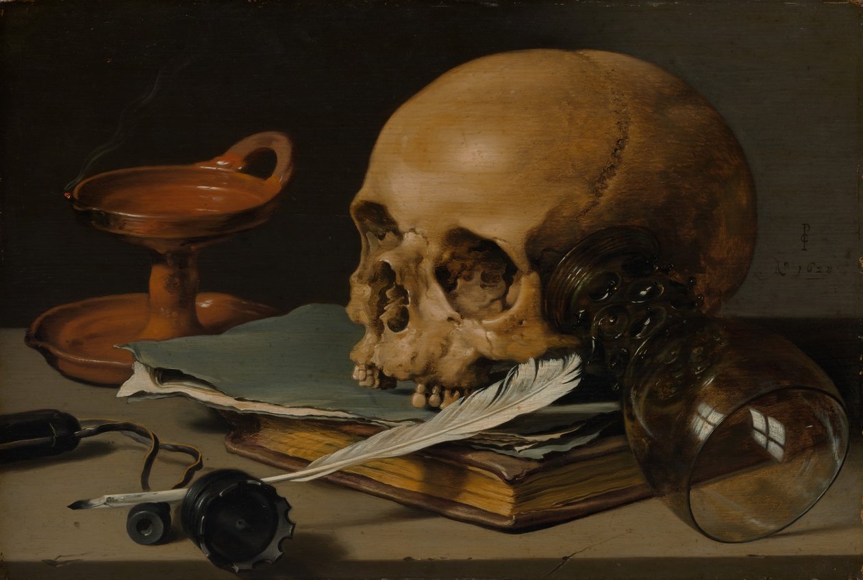 Kafatası ve Yazı Tüylü Natürmort, 1628. by Pieter Claesz
