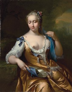 Omzunda sinek olan bir manzaradaki kadın: bir dokunma alegorisi, 1742 by Frans van der Mijn