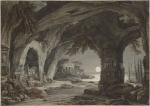 Ay ışığında kaya mağarası, mezarlar ve harabeler ile ideal manzara, c. 1790.
