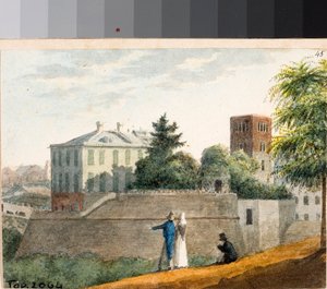 Burçların ve Santo Stefano çan kulesinin görünümü, Cenova (Suluboya, yaklaşık 1825) by Luigi Garibbo