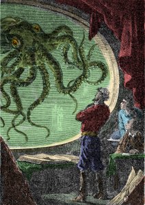 Ned Land, Profesör Aronnax ve hizmetçisi Conseil, denizaltı Nautilus'un lombozundan Dev Ahtapot'a bakıyor Jules Verne'in “Denizlerin altında yirmi bin fersah” kitabının gravürü (Yirmi bin - 20.000 - 20000)