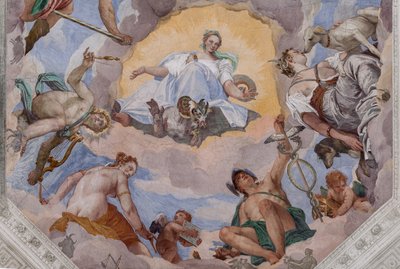 Tanrılarla çevrili Evrensel Uyum: Kartallı Zeus, Mars, lirli Apollo, Venüs, caduceuslu Merkür, köpeklerle Diana ve Olympus Salonunun merkezi sekizgeni Satürn by Veronese