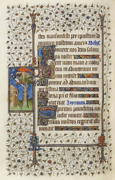 Ms 62 f.132v ಟ್ರೀಟಾಪ್‌ನಲ್ಲಿರುವ ರೆಕ್ಕೆಯ ಆಕೃತಿಯು ಕತ್ತಿಯಿಂದ ಚುಚ್ಚಿದ ಪುಸ್ತಕದೊಂದಿಗೆ, ಗುಯಿಲೌಮ್ ಡಿ ಡೆಗ್ವಿಲ್ಲೆ ಅವರ 1350, 1417 (ಚರ್ಮದ ಮೇಲೆ ಶಾಯಿ ಮತ್ತು ಚಿನ್ನದ ಎಲೆ) ಟರ್ಕ್‌ನಿಂದ 